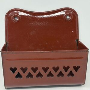 Vintage Red Enamelware Wall Pocket with Heart Cutouts | Farmhouse Decor